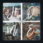 Custom Family Photo Collage Brush Script HOME Square Wall Clock<br><div class="desc">Personalised family keepsake cloxk with 4 of your family photos arranged in a square grid photo collage and a beautiful hand-lettered script spelling HOME. Great gift for mum,  dad,  family,  friends,  parents,  and grandparents!</div>