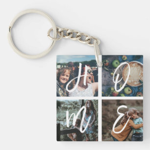 Custom Family Photo Collage Calligraphy HOME Key Ring
