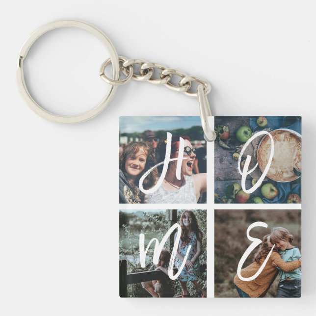 Custom Family Photo Collage Calligraphy  HOME Key Ring (Front)