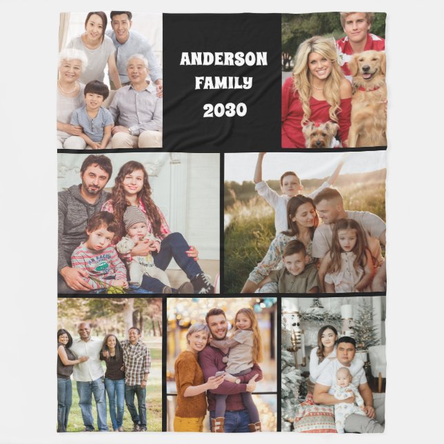 Custom Family Photo Collage Elegant Gift Black Fleece Blanket (Front)