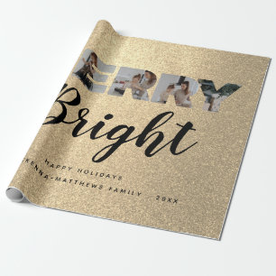 Custom Family Photo Collage Gold Glitter Christmas Wrapping Paper