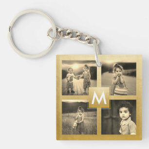 Custom Family Photo Collage Gold Monogram Sepia Key Ring