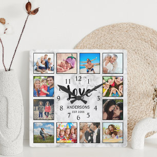 Custom Family Photo Collage Love Elegant Marble Square Wall Clock