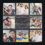Custom Family Photo Collage Modern Dark Wood Chic Square Wall Clock<br><div class="desc">Custom Family 8 - Photo Collage on a modern elegant dark wood (printed) background. Great personalised present for Father's Day, Mother's Day, or as a present for grandmoms and granddad's for Birthdays or Family Holidays. Update with your favourite 8 photos and this will be a keepsake they will surely treasure....</div>