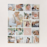 Custom Family Photo Collage & Monogram Jigsaw Puzzle<br><div class="desc">Customize this photo puzzle with 19 square photos arranged in a grid collage layout. Your single initial monogram appears on a pastel blush pink square at the lower right. Perfect for family photos or wedding photos.</div>