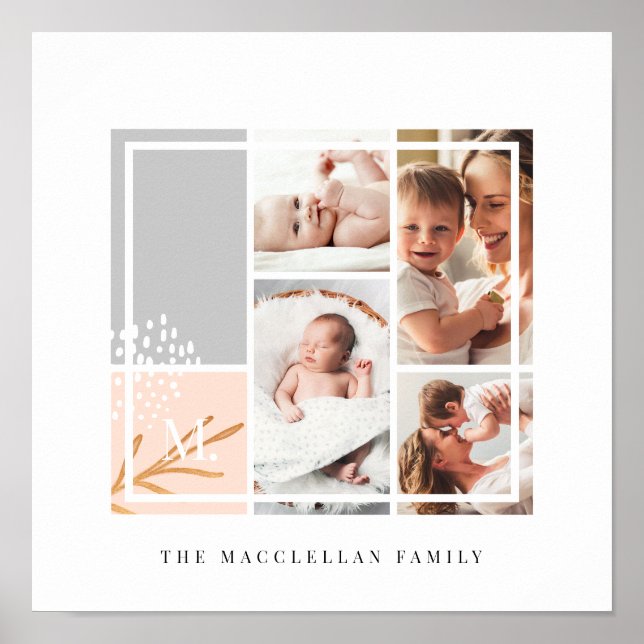 Custom Family Photo Collage Monogram Modern Theme Poster (Front)