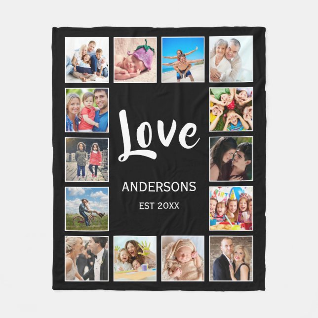 Custom Family Photo Collage Personalised Black Fleece Blanket (Front)