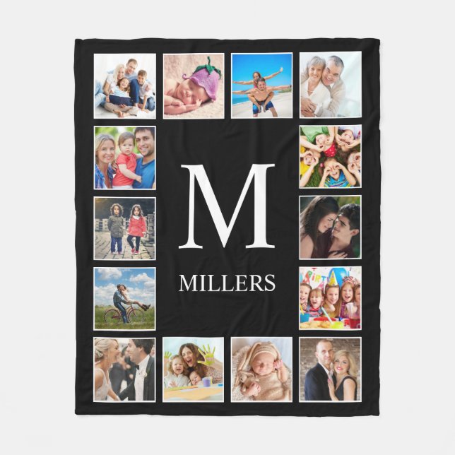 Custom Family Photo Collage Personalised Black Fleece Blanket (Front)