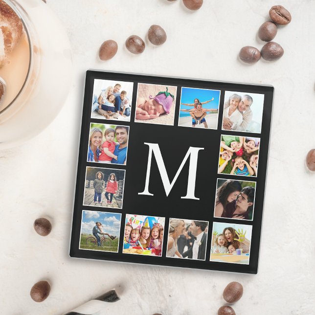 Custom Family Photo Collage Personalised Black Glass Coaster (Creator Uploaded)