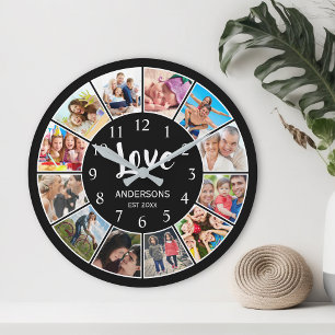 Custom Family Photo Collage Personalised Black Large Clock
