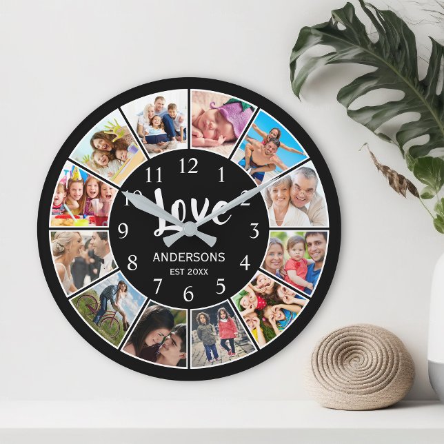 Custom Family Photo Collage Personalised Black Large Clock (Creator Uploaded)