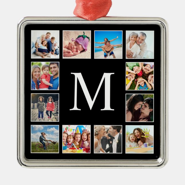 Custom Family Photo Collage Personalised Black Metal Ornament (Front)