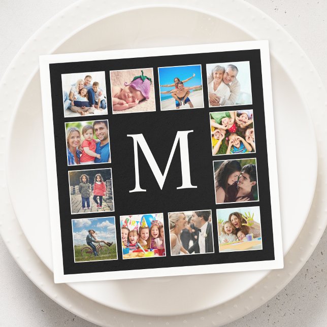 Custom Family Photo Collage Personalised Black Napkin (Creator Uploaded)