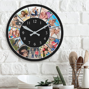 Custom Family Photo Collage Personalised Black Round Clock