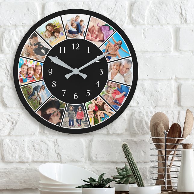 Custom Family Photo Collage Personalised Black Round Clock (Creator Uploaded)