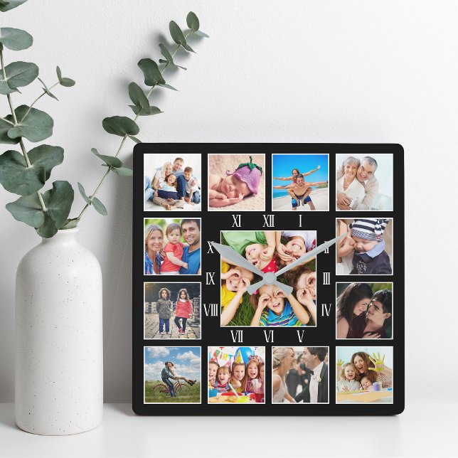 Custom Family Photo Collage Personalised Black Square Wall Clock (Creator Uploaded)