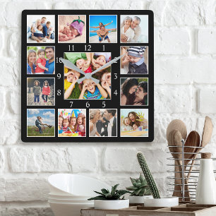 Custom Family Photo Collage Personalised Black Square Wall Clock