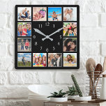 Custom Family Photo Collage Personalised Black Square Wall Clock<br><div class="desc">Create your own personalised 12 photo collage,  wall clock with your custom images on a simple modern black background. Add your favourite photos,  designs or artworks to create something really unique.</div>