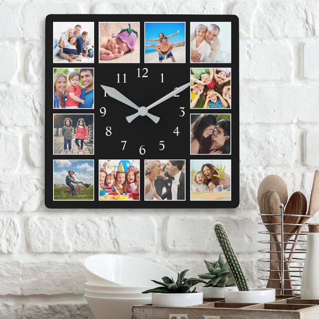 Custom Family Photo Collage Personalised Black Square Wall Clock (Creator Uploaded)