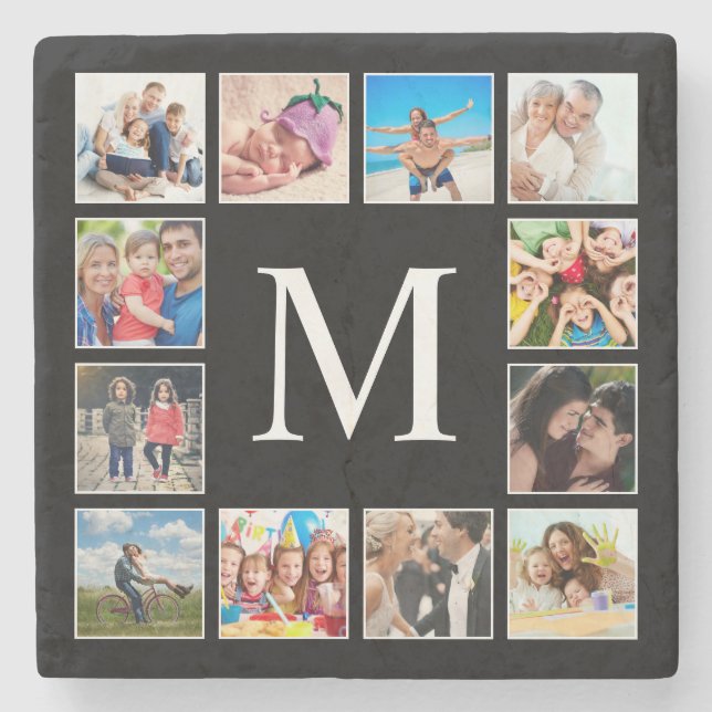 Custom Family Photo Collage Personalised Black Stone Coaster (Front)