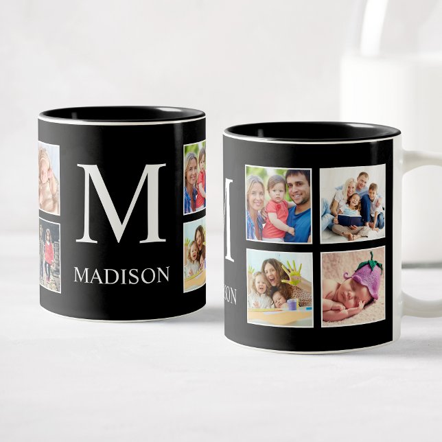 Custom Family Photo Collage Personalised Black Two-Tone Coffee Mug (Creator Uploaded)