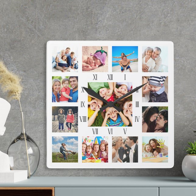 Custom Family Photo Collage Personalised White Square Wall Clock (Creator Uploaded)