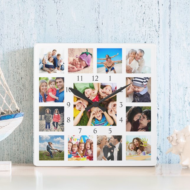 Custom Family Photo Collage Personalised White Square Wall Clock (Creator Uploaded)