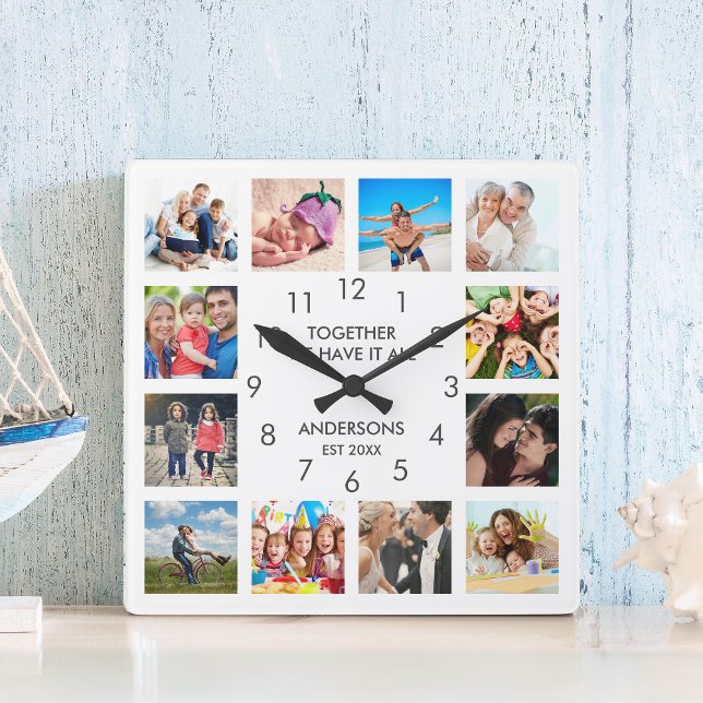 Custom Family Photo Collage Personalised White Square Wall Clock (Creator Uploaded)