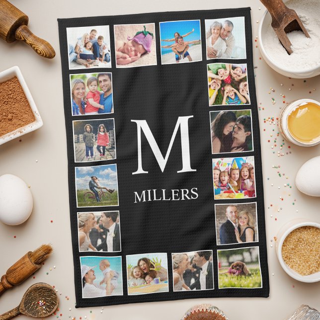 Custom Family Photo Collage Personalized Black Tea Towel (Creator Uploaded)