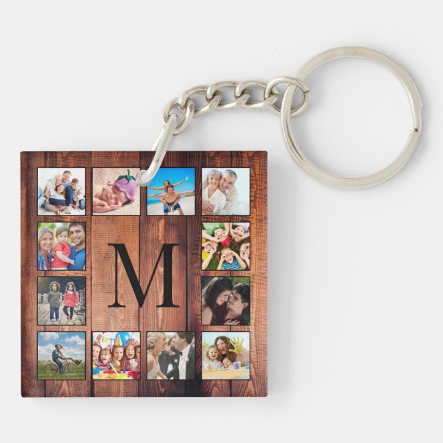 Custom Family Photo Collage Reclaimed Wood Key Ring (Back)