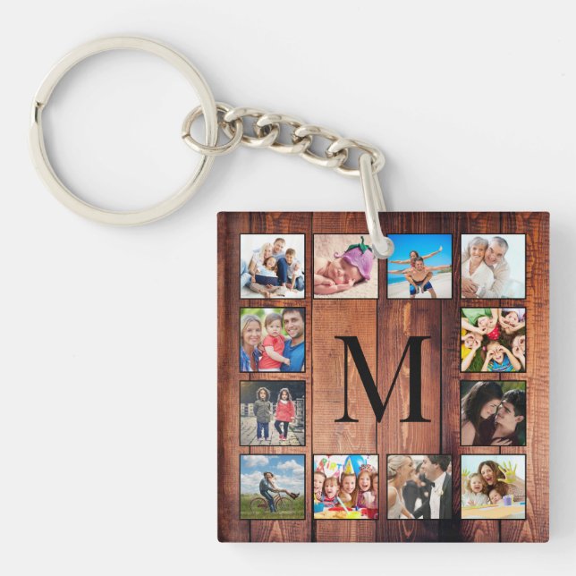 Custom Family Photo Collage Reclaimed Wood Key Ring (Front)