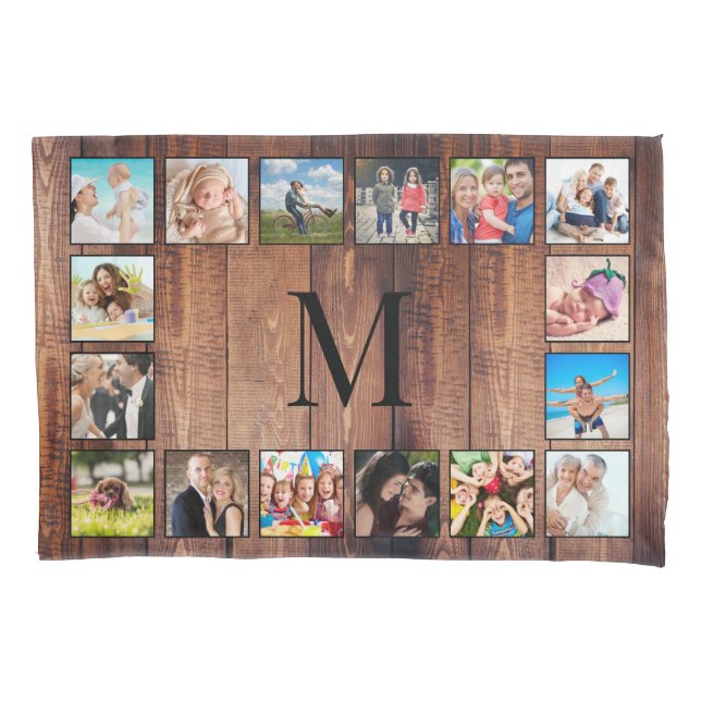 Custom Family Photo Collage Reclaimed Wood Pillowcase (Front)