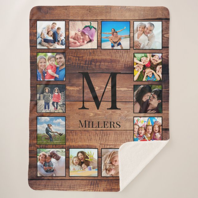 Custom Family Photo Collage Reclaimed Wood Sherpa Blanket (Front)