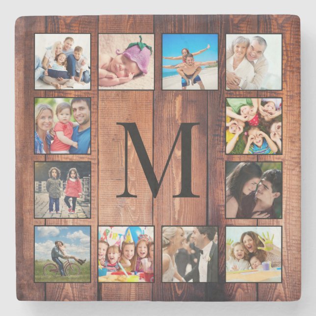 Custom Family Photo Collage Reclaimed Wood Stone Coaster (Front)