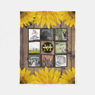 Custom Family Photo Collage Rustic Sunflowers Wood Fleece Blanket
