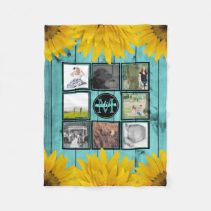 Custom Family Photo Collage Rustic Teal Yellow Fleece Blanket