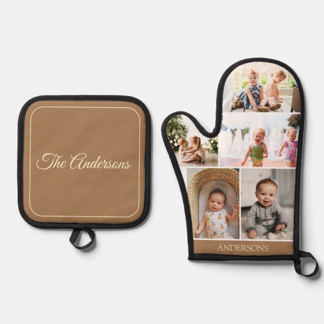 Custom Family Photo Collage Simple Brown Oven Mitt & Pot Holder Set (Front)