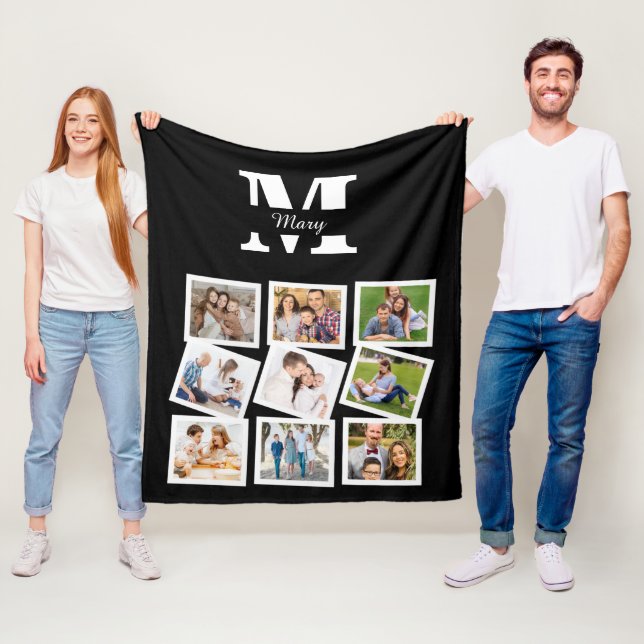 Custom Family Photo Collage with name and monogram Fleece Blanket (In Situ)