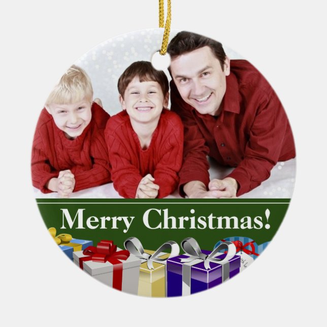 Custom Family Photo Colourful Christmas Parcels Ceramic Ornament (Front)