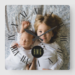 Custom Family Photo   Custom Monogram Square Wall Clock