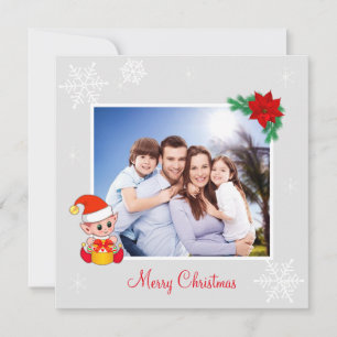 Custom Family Photo & Cute Elf on Silver Christmas