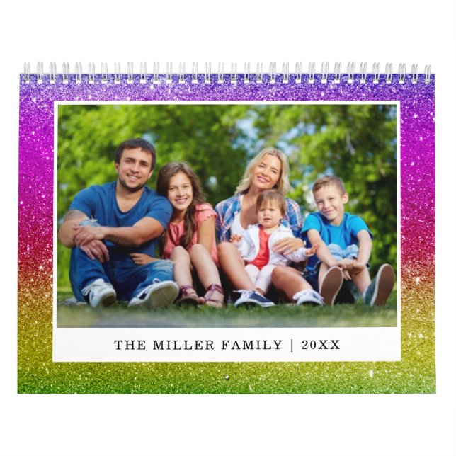 Custom Family Photo Glitter Ombre Sparkling 2024 Calendar (Cover)
