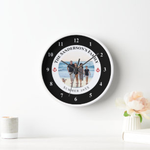 Custom Family Photo in Black Circle Red Anchor Clock
