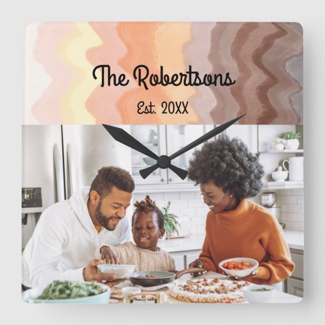  Custom family photo keepsake retro stripes ombre Square Wall Clock (Front)