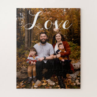 Custom Family Photo Love Script Calligraphy Jigsaw Puzzle
