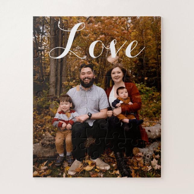 Custom Family Photo Love Script Calligraphy Jigsaw Puzzle (Vertical)