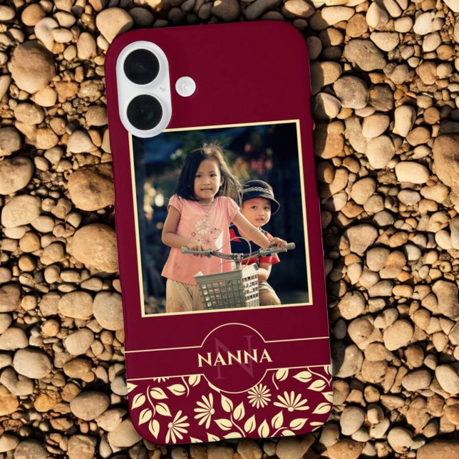 Custom Family Photo Monogram Name Leaves Burgundy Case-Mate iPhone Case (Custom photo template text burgundy background phone case back)