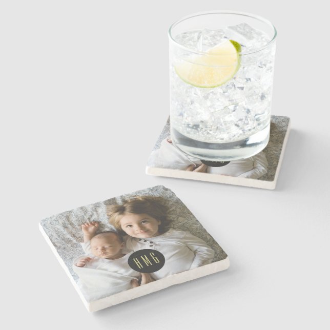Custom Family Photo | Monogrammed Stone Coaster (Side)