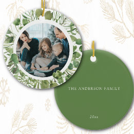 Custom Family Photo Name Christmas Eucalyptus Ceramic Ornament