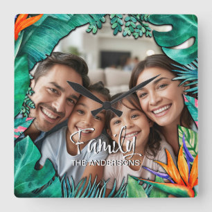 Custom Family Photo Name Tropical Watercolor Square Wall Clock